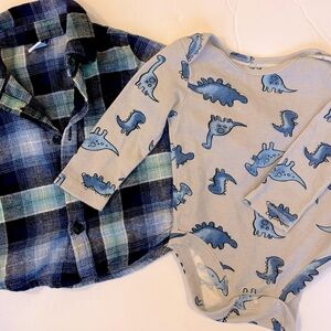 Old Navy 3-6M Baby Boy Bundle | Long-sleeve Dino Snap Onesie & Plaid Button-down